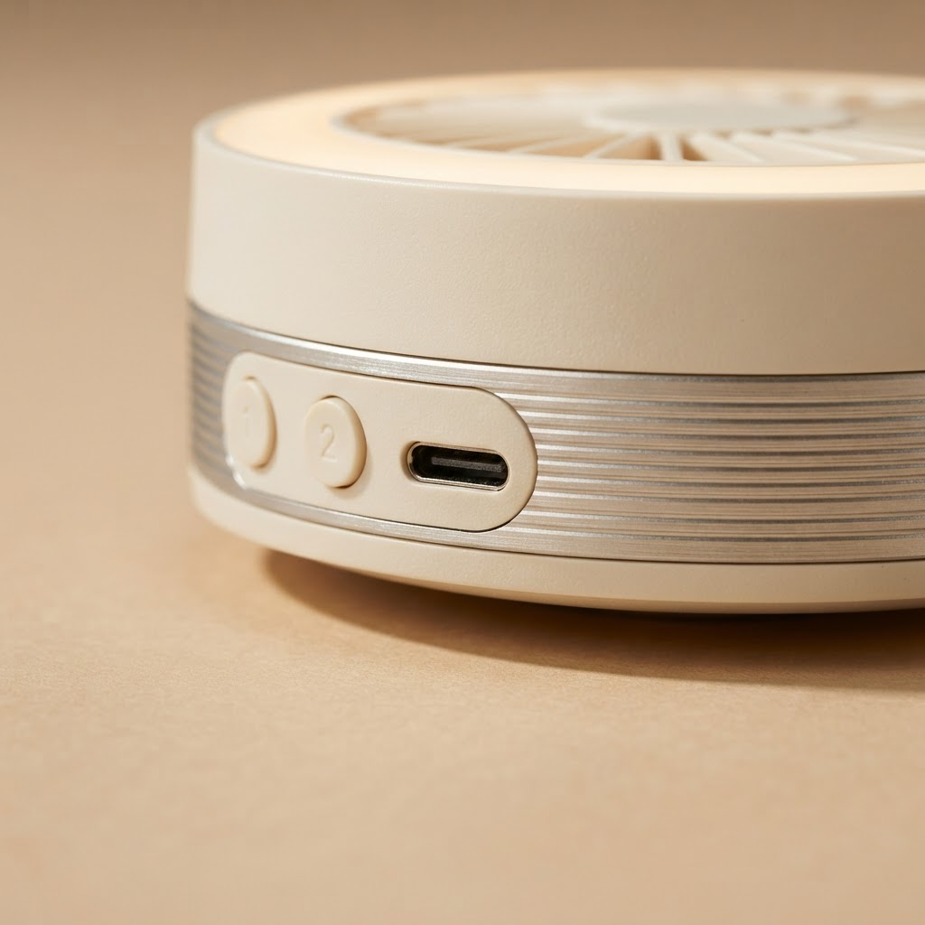 Side of AURA ONE showing the wind and light buttons beside the USB-C charging port